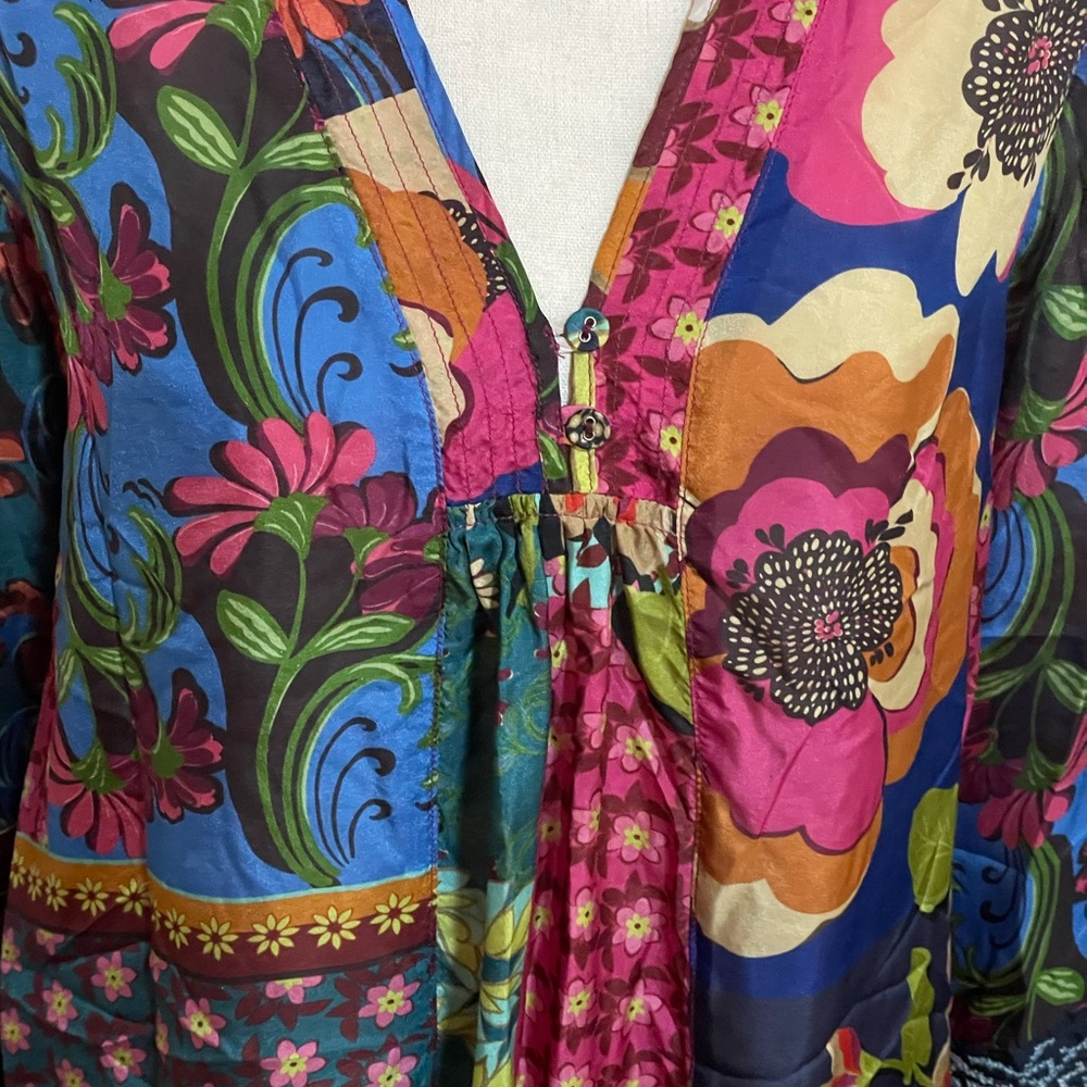 Johnny Was Promisino Robi SILK blouse Embroidery blue green floral V neck SMALL - Picture 8 of 16